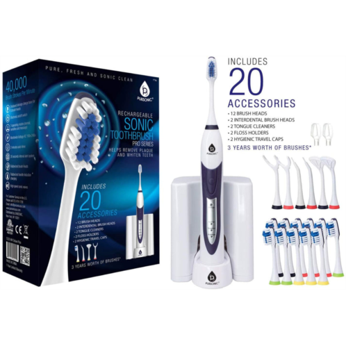 PURSONIC ultra high powered sonic electric toothbrush with dock charger, 12 brush heads & more! (value pack)white