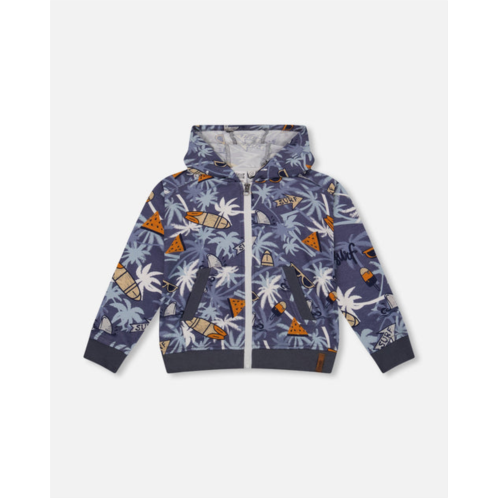 Deux par Deux french terry hooded cardigan printed palm tree and surf