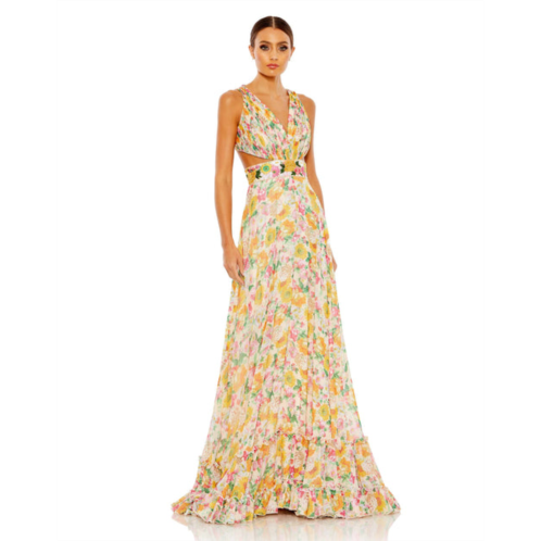 Mac Duggal floral print cut out lace up tiered gown