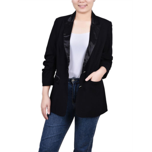 NY Collection petites womens satin lapel ruched two-button blazer