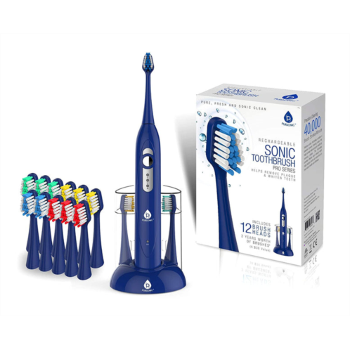 PURSONIC smartseries electronic power rechargeable sonic toothbrush with 40,000 strokes per minute, 12 brush heads included,blue