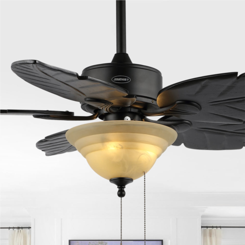 JONATHAN Y poinciana 52 3-light coastal bohemian iron/wood palm leaf led ceiling fan with pull chain, light brown