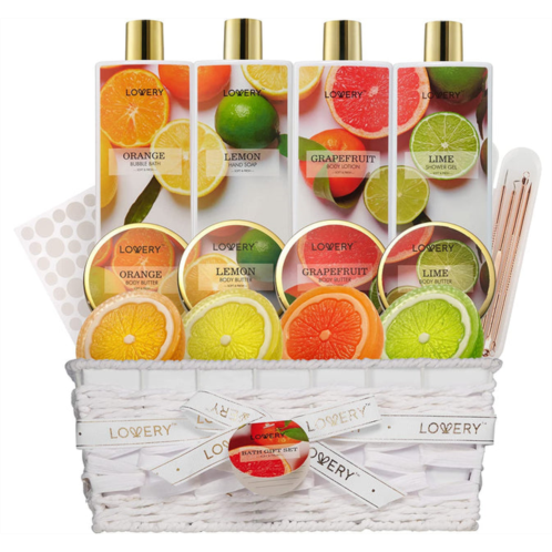 Lovery bath and body care gift set, home spa kit in lemon, orange, grapefruit lime scents, relaxing stress relief gift, 19 piece