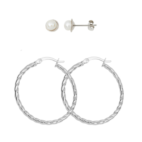 MAX + STONE sterling silver 5mm pearl and twisted hoop earrings set