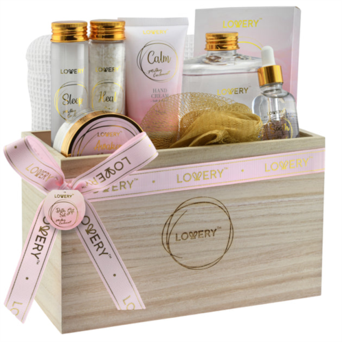 Lovery luxury home spa gift basket - milky coconut scent - bath pillow, wooden crate & more