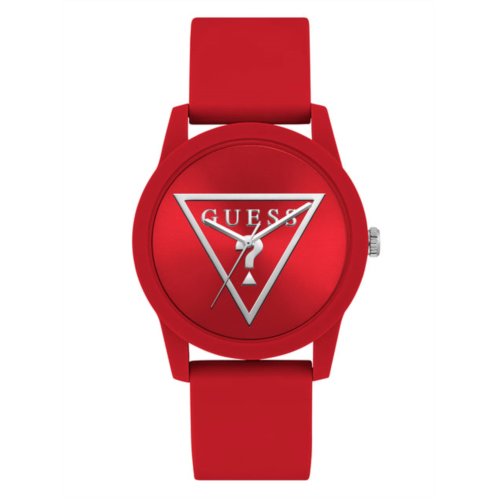 Guess Factory silver-tone and red silicone analog watch