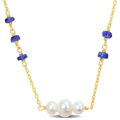 Mimi & Max 2 1/2ct tgw blue sapphire beads and 4-6.5mm cultured freshwater pearl necklace in yellow siilver - 17+2 in.