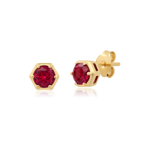 Nicole Miller sterling silver and 14k yellow gold plated round cut 5mm gemstone hexagon stud earrings with push backs
