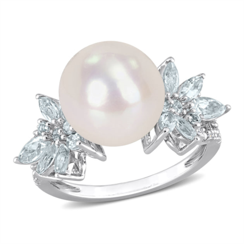 Mimi & Max 11-12mm cultured freshwater pearl and 1 1/5ct tgw aquamarine and 1/10ct tdw diamond flower ring in sterling silver