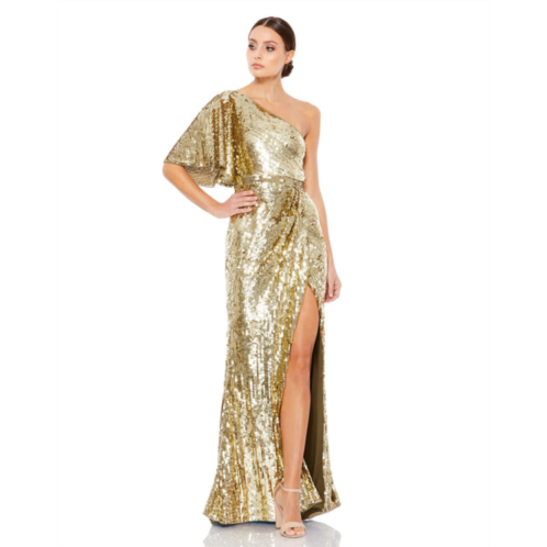 Mac Duggal embellished cap sleeve cowl neck trumpet gown