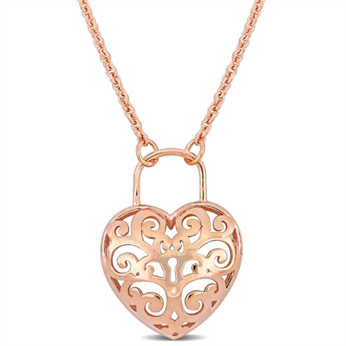 Mimi & Max pink heart lock charm pendant w/ chain in 18k rose gold plated silver - 16+3 in.