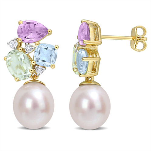 Mimi & Max 9-9.5 mm freshwater cultured pearl and 4 3/4 ct tgw multi-color gemstone drop earrings in yellow plated sterling silver