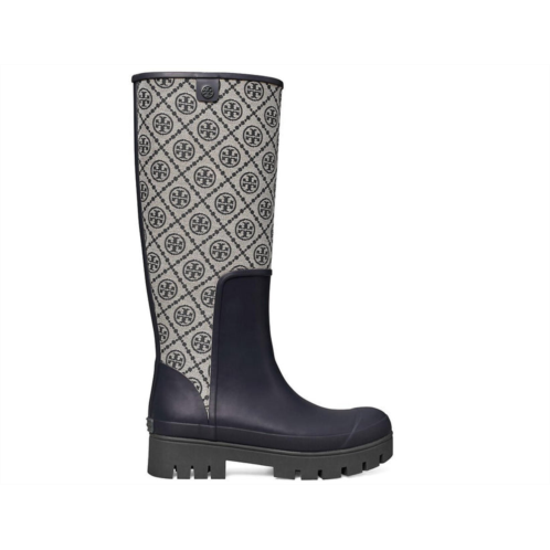 TORY BURCH t monogram logo rubber foul weather boot in navy blue monogram