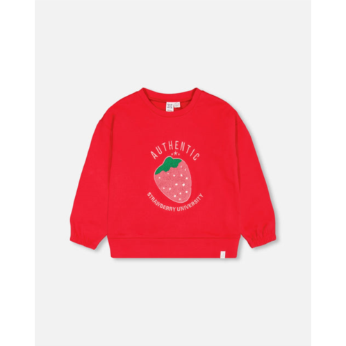 Deux par Deux french terry sweatshirt with strawberry applique true red
