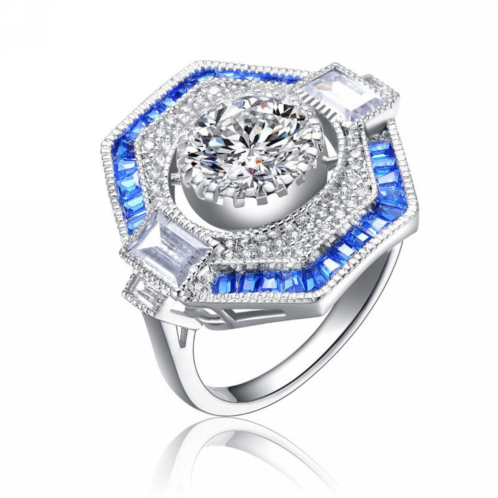 Genevive sterling silver white gold plated with baguette and round cubic zirconia modern ring