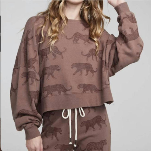 Chaser all over leopards fleece pullover in deep taupe