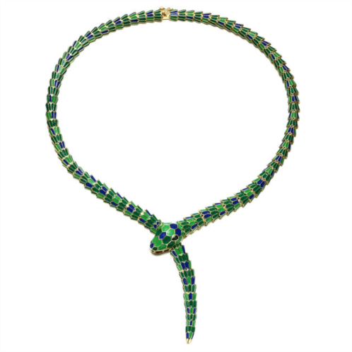 Rachel Glauber rg 14k yellow gold plated with emerald cubic zirconia blue & green enamel coiled serpent snake stiff collar necklace