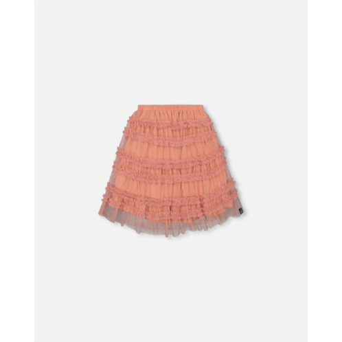 Deux par Deux below the knee mesh skirt with frills salmon pink