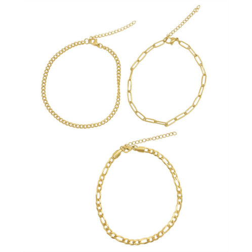 Adornia curb chain, paper clip chain, and figaro chain anklet set gold
