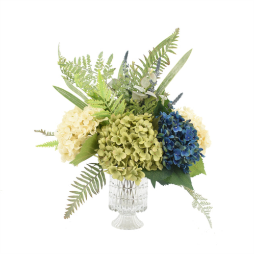 Creative Displays cream, green and blue hydrangeas in glass flower arrangement
