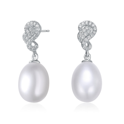 Genevive c.z. sterling silver rhodium plated swirl design white pearl drop earrings