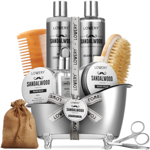 Lovery luxury silver mens bath and body gift set, sandalwood selfcare beard grooming kit