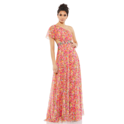 Mac Duggal floral print one shoulder butterfly sleeve a line gown
