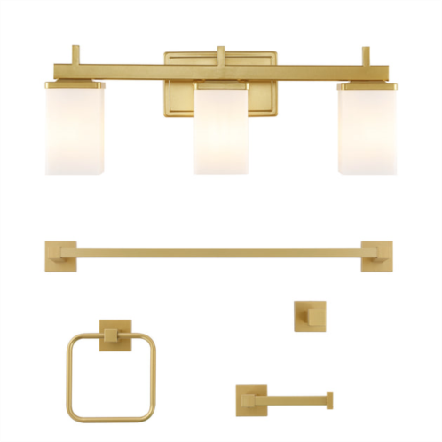 Jonathan Y caia 22.38 3-light modern contemporary vanity light with frosted glass shades and bathroom hardware accessory set, gold painting (5-piece)