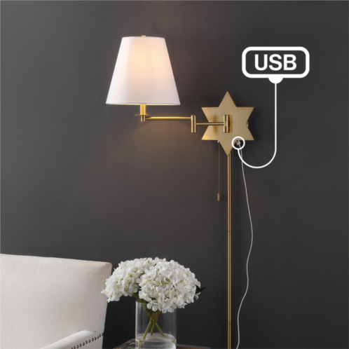 JONATHAN Y david 18.5 1-light modern french country swing arm plug-in or hardwired iron led star wall sconce with pull-chain and usb charging port, brass gold