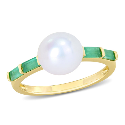 Mimi & Max 8-8.5mm freshwater cultured pearl 1/2ct tgw baguette emerald ring 10k yellow gold