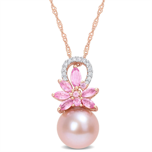 Mimi & Max 9.5-10 mm cultured freshwater pearl and 1/2 ct tgw pink sapphire andnd diamond accent flower pendant with chain in 14k rose gold