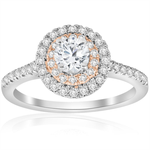 Pompeii3 7/8 cttw diamond double halo white & rose gold engagement ring 14k
