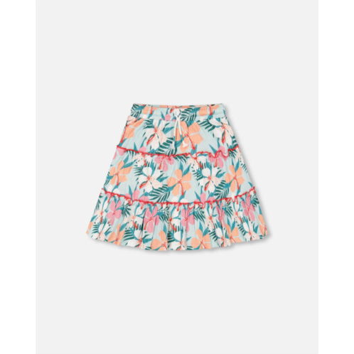 Deux par Deux long crinkle peasant skirt blue printed beach hibiscus