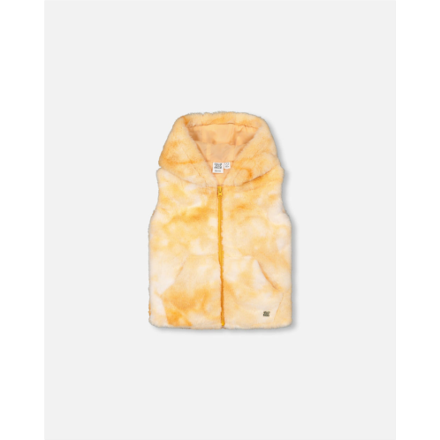 Deux par Deux hooded faux fur vest yellow tie dye