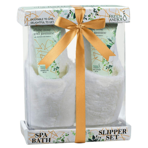Freida and Joe bath & body spa gift set in white rose jasmine fragrance with luxury slippers