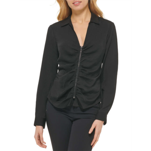 DKNY womens ruched front zipper blouse