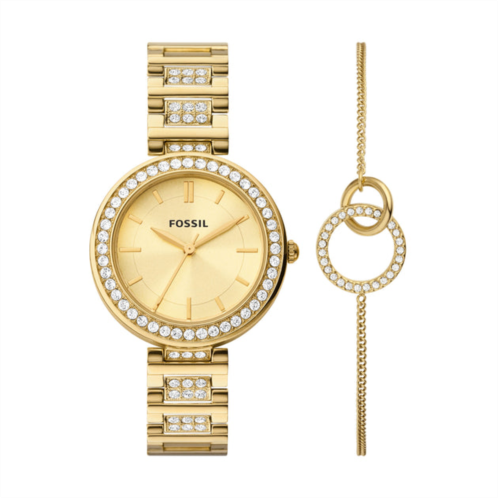 Fossil womens karli three-hand, gold-tone stainless steel watch and bracelet box set
