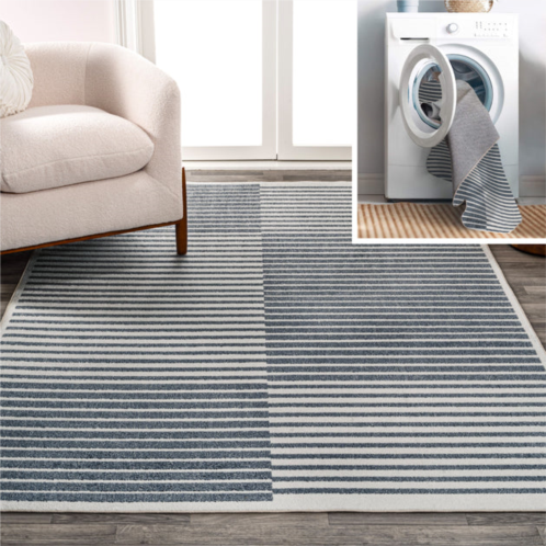 JONATHAN Y shutter minimalist striped plaid machine-washable dark gray/cream area rug