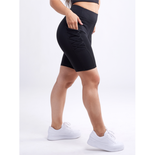 Jupiter Gear high-waisted mid-thigh workout shorts with pockets & criss cross design
