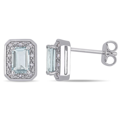 Mimi & Max 1/10ct tw diamond and emerald cut aquamarine halo earrings in sterling silver