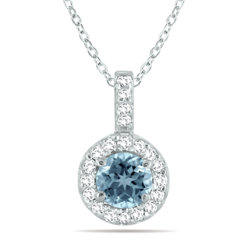 Monary 1/2 carat tw halo aquamarine and diamond pendant in 10k white gold