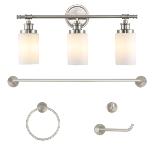 Jonathan Y egan 23.25 3-light classic cottage vanity light with frosted glass shades and bathroom hardware accessory set, brushed nickel (5-piece)