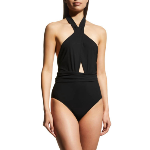 TORY BURCH wrap halter one piece swimsuit in black