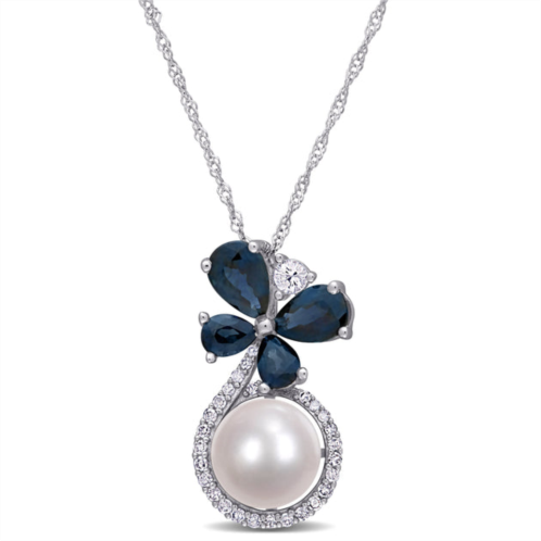 Mimi & Max 7.5-8 mm cultured freshwater pearl and sapphire white sapphire and 1/8 ct tw diamond butterfly drop necklace in 10k white gold
