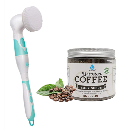 PURSONIC advanced facial and body cleansing brush with extended handle includes facial brush, body brush, pumice stone and sponge brush & arabica coffee scrub 14oz