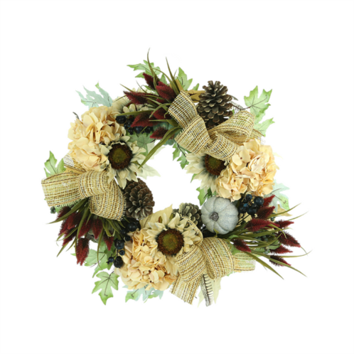 Creative Displays fall wreath w/ sunflowers and hydrangea