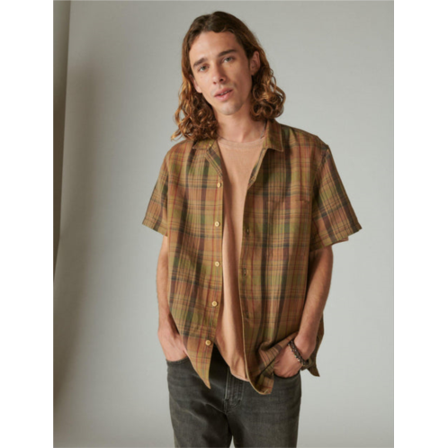Lucky Brand mens linen madras plaid short sleeve camp collar shirt