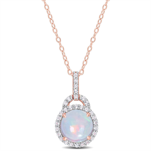 Mimi & Max 3 1/4 ct tgw blue ethiopian opal and white topaz halo pendant with chain in rose plated sterling silver