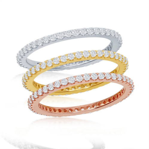 Simona sterling silver tri-color prong clear cz 1.5mm eternity triple band ring