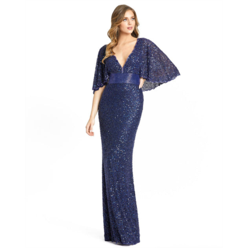 Mac Duggal sequined v-neck cape sleeve beaded waist gown